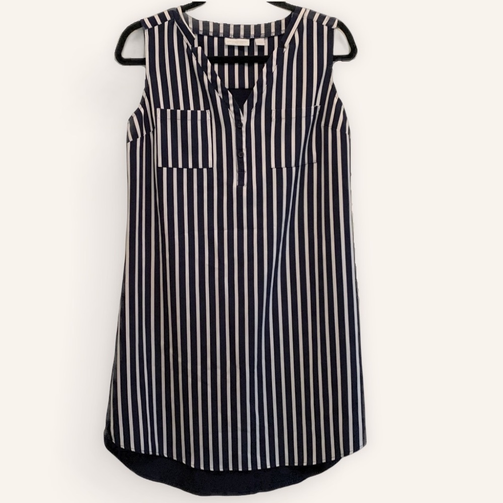 NEW YORK & COMPANY | Nautical Navy & White Breton Striped Shirt Dress | Size S